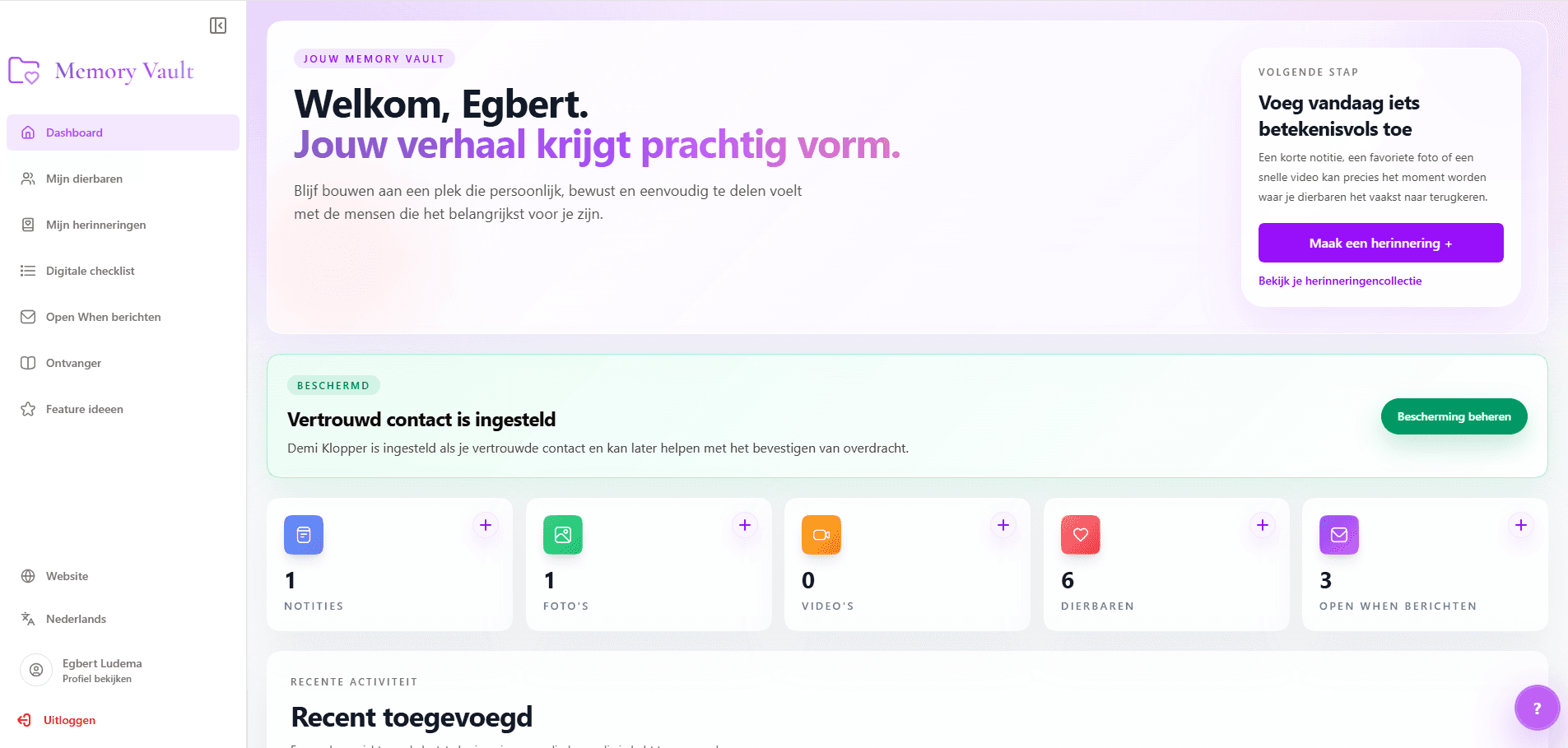 Screenshot van het Memory Vault dashboard na inloggen