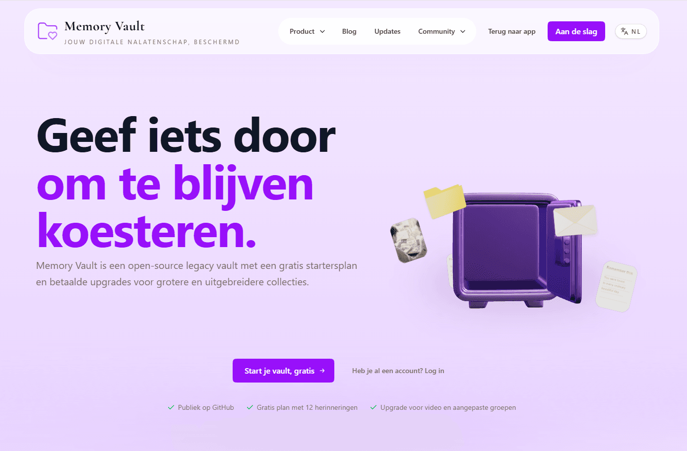 Screenshot van de homepage hero van Memory Vault