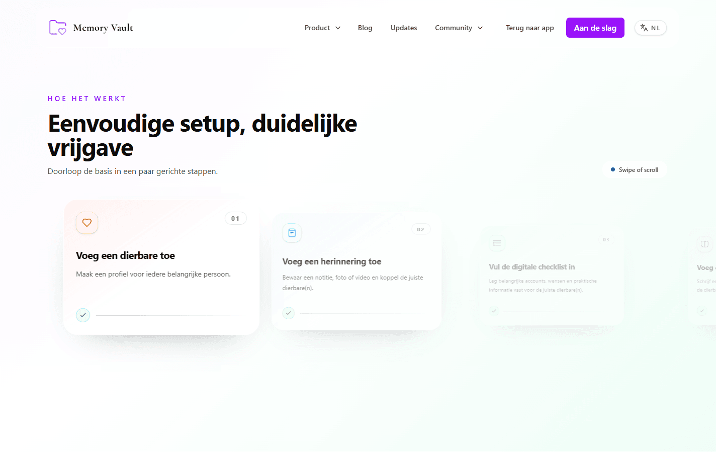 Screenshot van de how-it-works sectie van Memory Vault