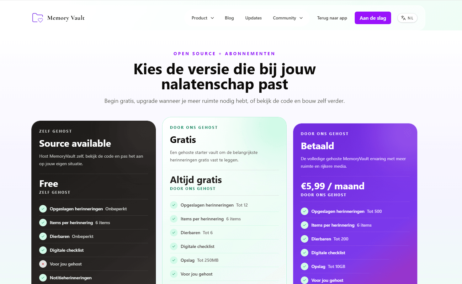 Screenshot van de abonnementenpagina van Memory Vault