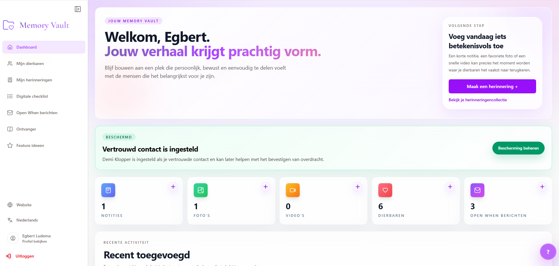 Screenshot van het Memory Vault dashboard na inloggen